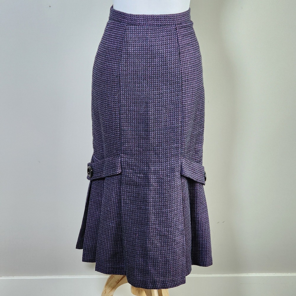 Vintage 70s Tweed Pleated Midi Skirt Womens‎ 5 / 6 Purple Plaid Wool Blend Twee